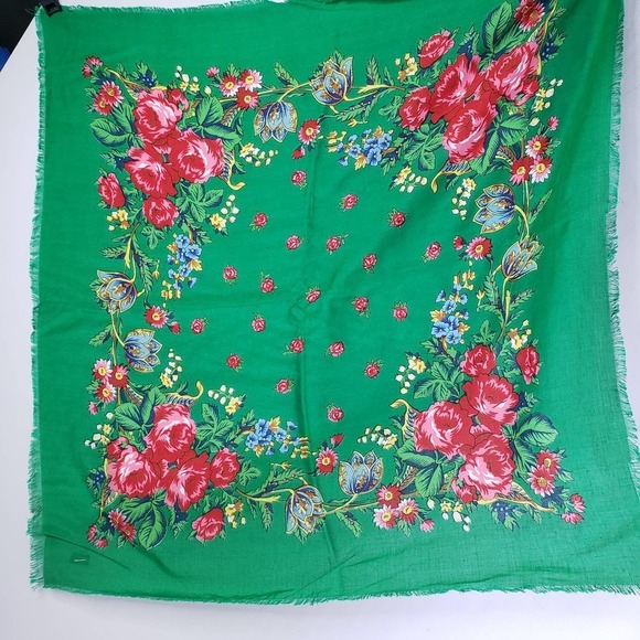 Vintage Challis Square Scarf Green Pink Floral - Picture 5 of 8